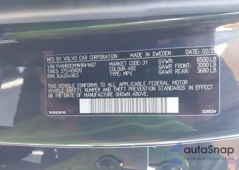 2022 Volvo Xc90 Recharge Plug-In Hybrid T8 R-Design Extended Range 7P z USA, uszkodzony, nr VIN YV4H60CM1N1841467